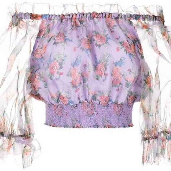 Alice+Olivia off Shoulder Smocked Lavender Silk Organza Floral Top L Orig $395 - Picture 8 of 9